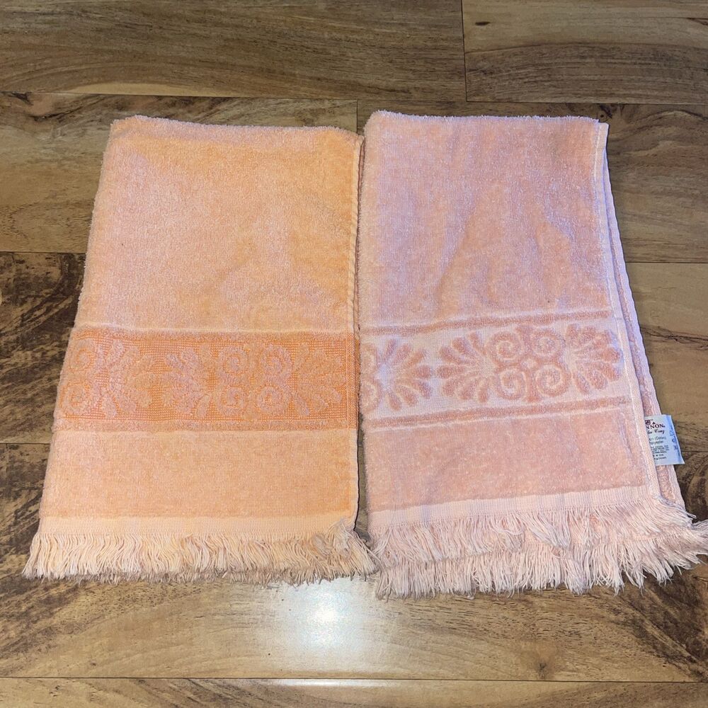 Vtg Cannon Monticello Santa Cruz Hand Towel Set Peach Pink Sculpted Fringe